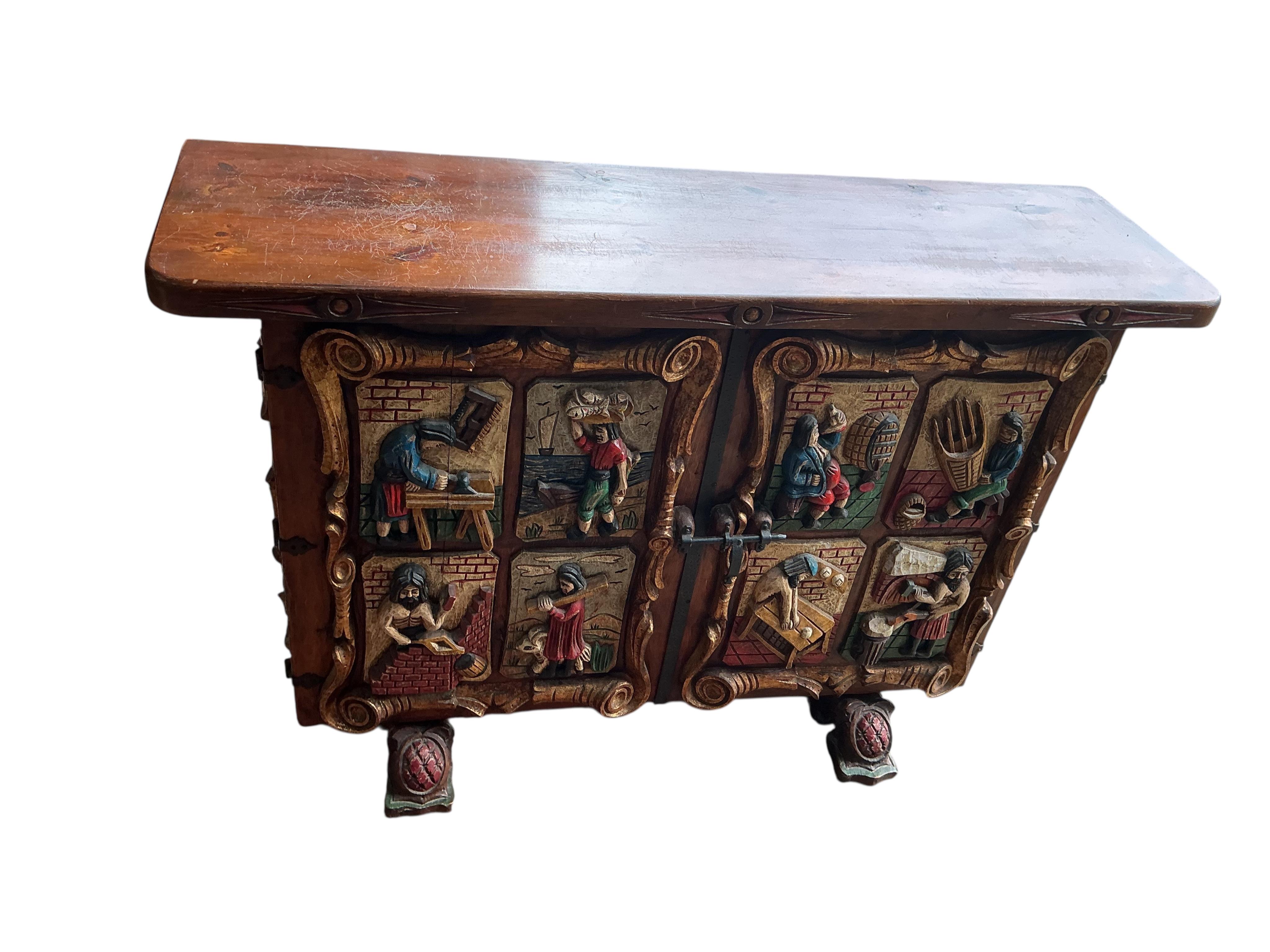 An Italian carved painted pine side cabinet, width 119cm, depth 34cm, height 79cm